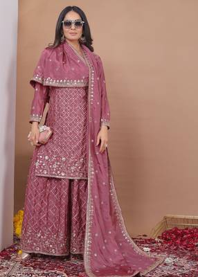 Dark onion color chinnon silk wedding wear trending plazo set 4