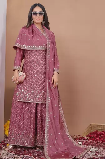 Dark onion color chinnon silk wedding wear trending plazo set