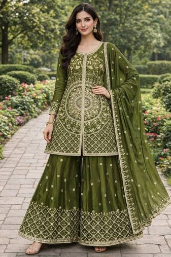 Green color chinnon silk wedding wear trending plazo set