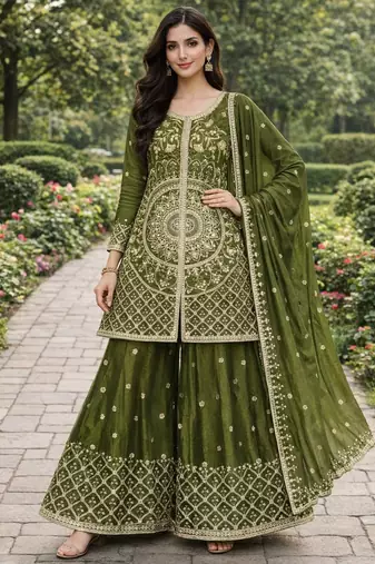 Green color chinnon silk wedding wear trending plazo set