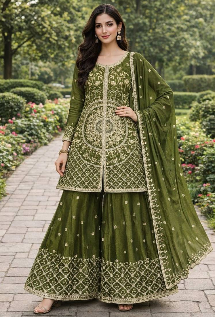 Green color chinnon silk wedding wear trending plazo set