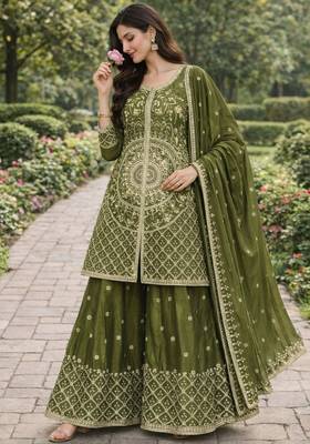 Green color chinnon silk wedding wear trending plazo set 2