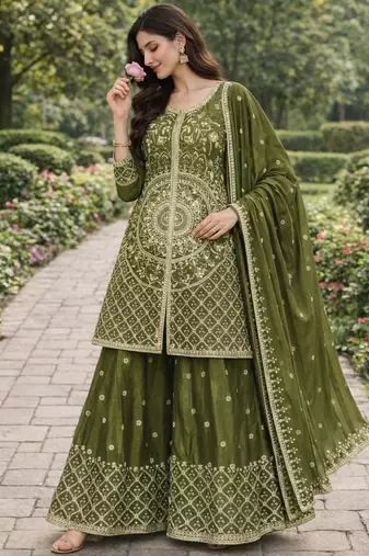 Green color chinnon silk wedding wear trending plazo set