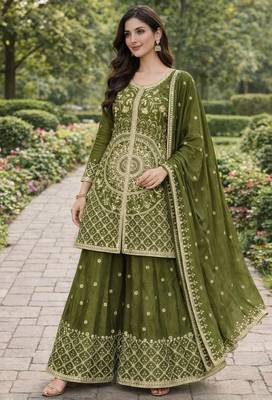 Green color chinnon silk wedding wear trending plazo set 3