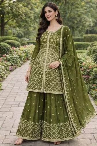 Green color chinnon silk wedding wear trending plazo set