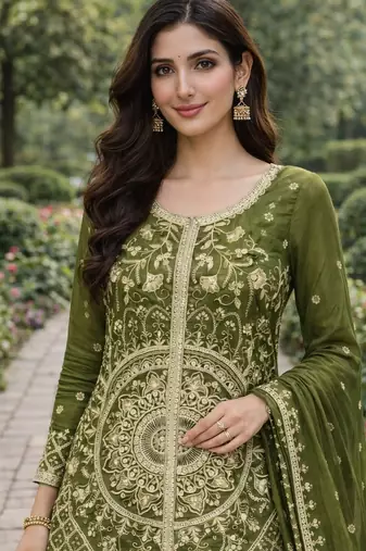 Green color chinnon silk wedding wear trending plazo set