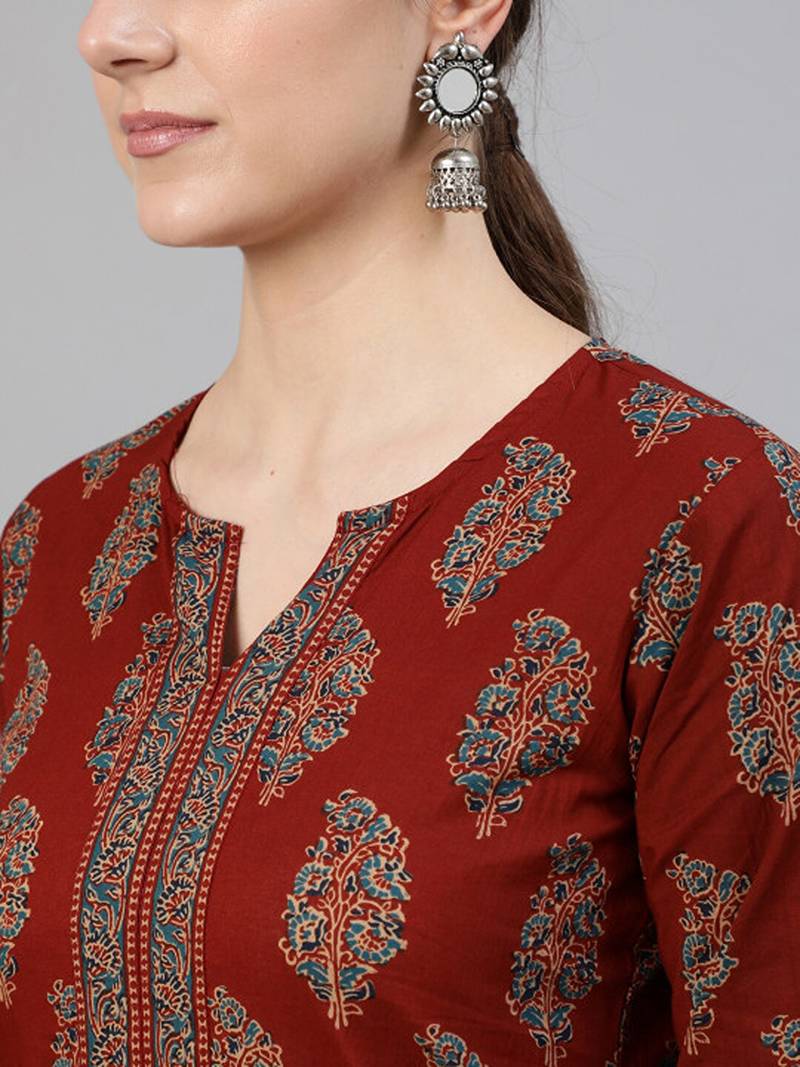 Maroon & rosewood ethnic motifs printed kurta