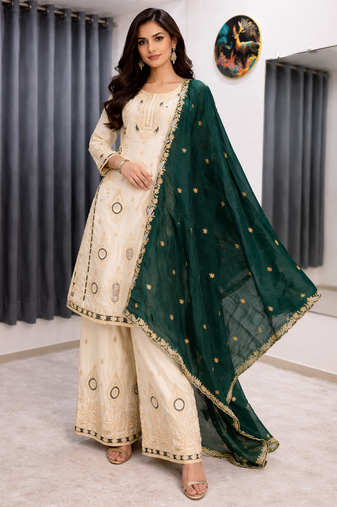 Green color chinnon silk party wear trending plazo set