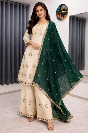 Green color chinnon silk party wear trending plazo set