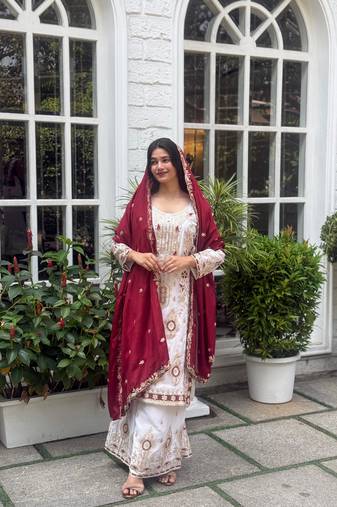 White color chinnon silk party wear trending plazo set