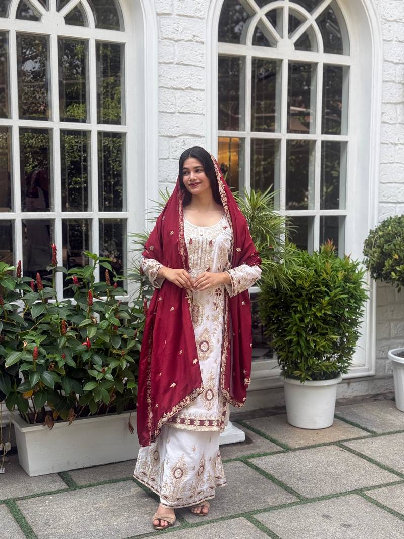 White color chinnon silk party wear trending plazo set