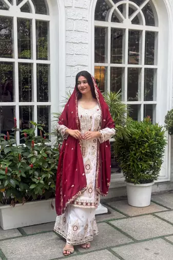 White color chinnon silk party wear trending plazo set