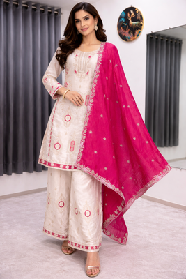 White color chinnon silk party wear trending plazo set 1