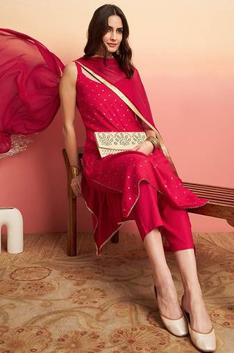 Embroidered shoulder straps straight kurta with trousers & dupatta