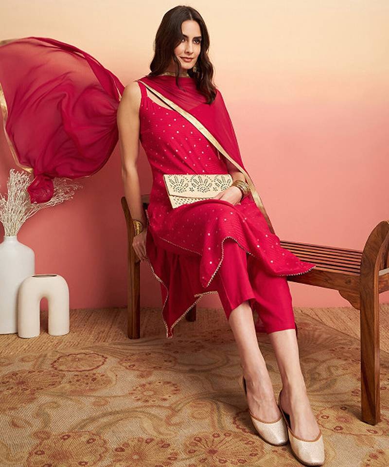 Embroidered shoulder straps straight kurta with trousers & dupatta