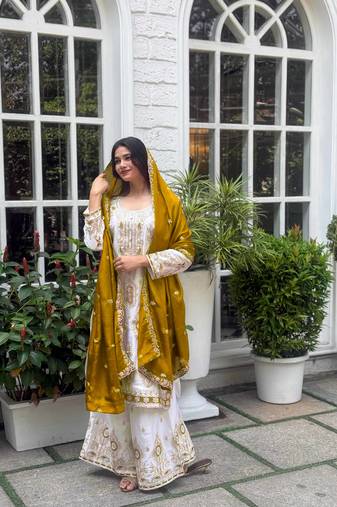 White color chinnon silk party wear trending plazo set