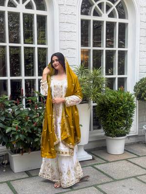 White color chinnon silk party wear trending plazo set 1