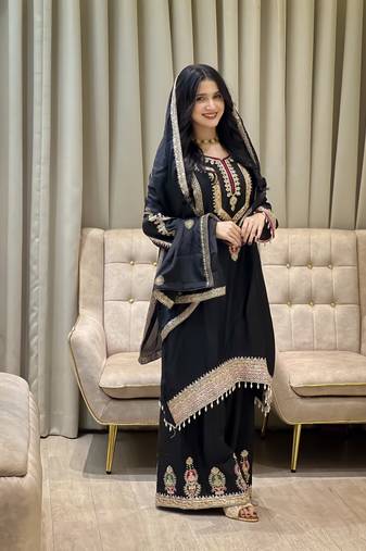 Black color chinnon silk party wear trending plazo set