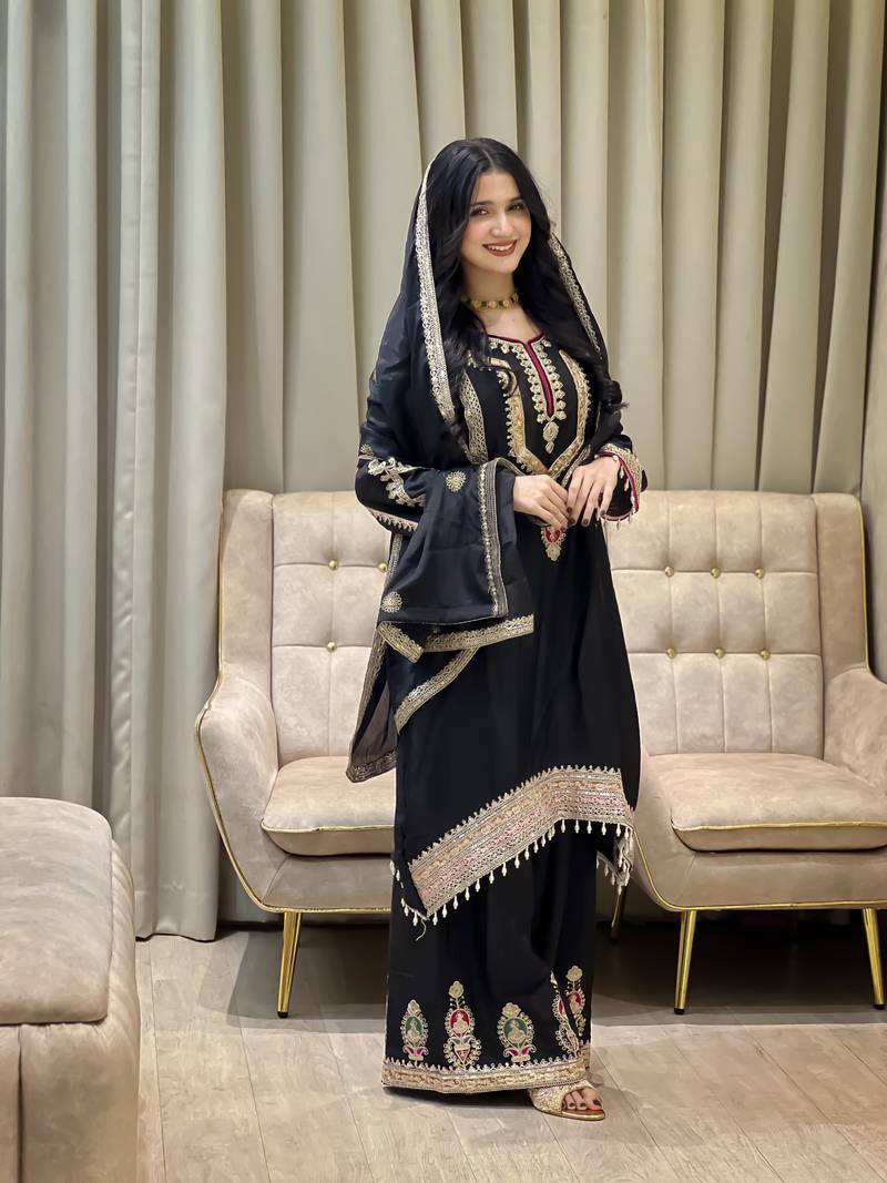 Black color chinnon silk party wear trending plazo set