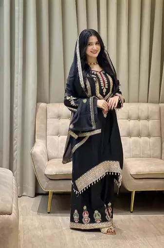 Black color chinnon silk party wear trending plazo set