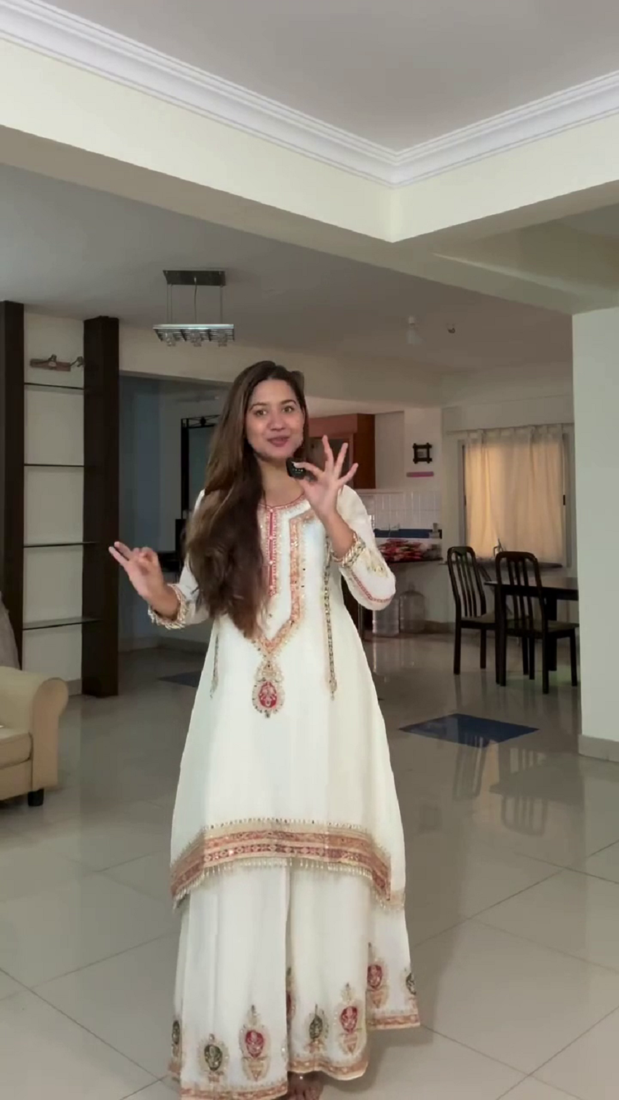 Cream color chinnon silk party wear trending plazo set