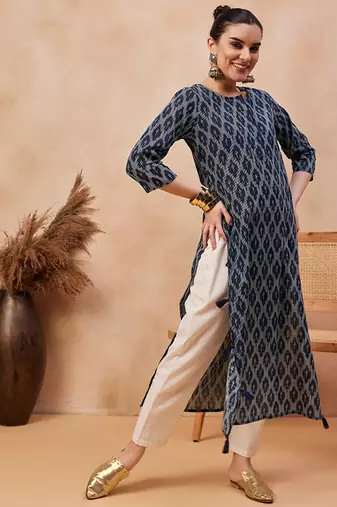 Navy blue ethnic motifs printed cotton straight kurta