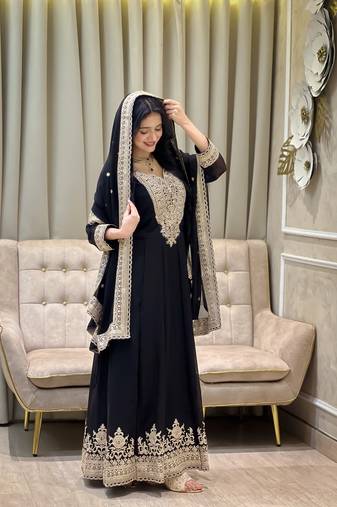Black color faux georgette embroidery work long party wear gown