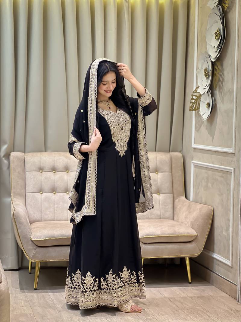 Black color faux georgette embroidery work long party wear gown