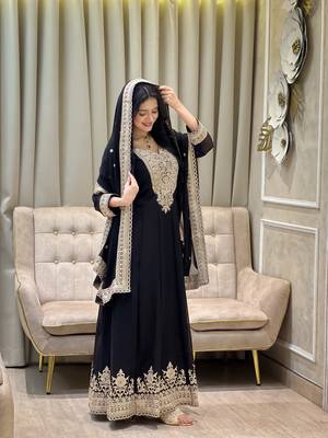 Black color faux georgette embroidery work long party wear gown 1
