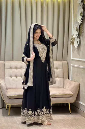 Black color faux georgette embroidery work long party wear gown