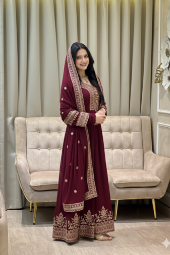 Maroon color faux georgette embroidery work long party wear gown