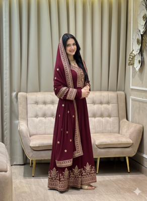 Maroon color faux georgette embroidery work long party wear gown 1