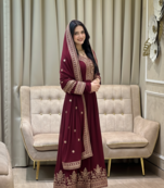Maroon color faux georgette embroidery work long party wear gown
