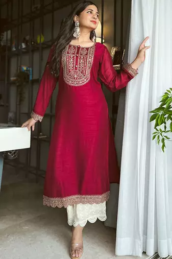 Maroon yoke design embellished kurta