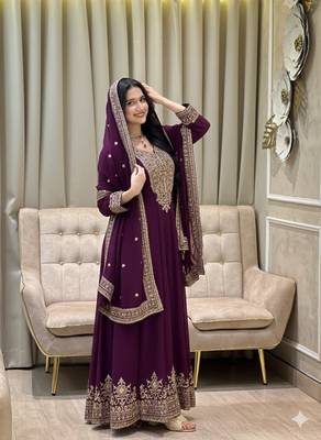 Wine color faux georgette embroidery work long party wear gown 1