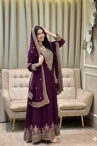 Wine color faux georgette embroidery work long party wear gown