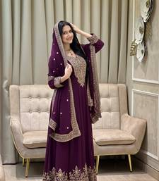 Wine color faux georgette embroidery work long party wear gown
