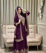 Wine color faux georgette embroidery work long party wear gown