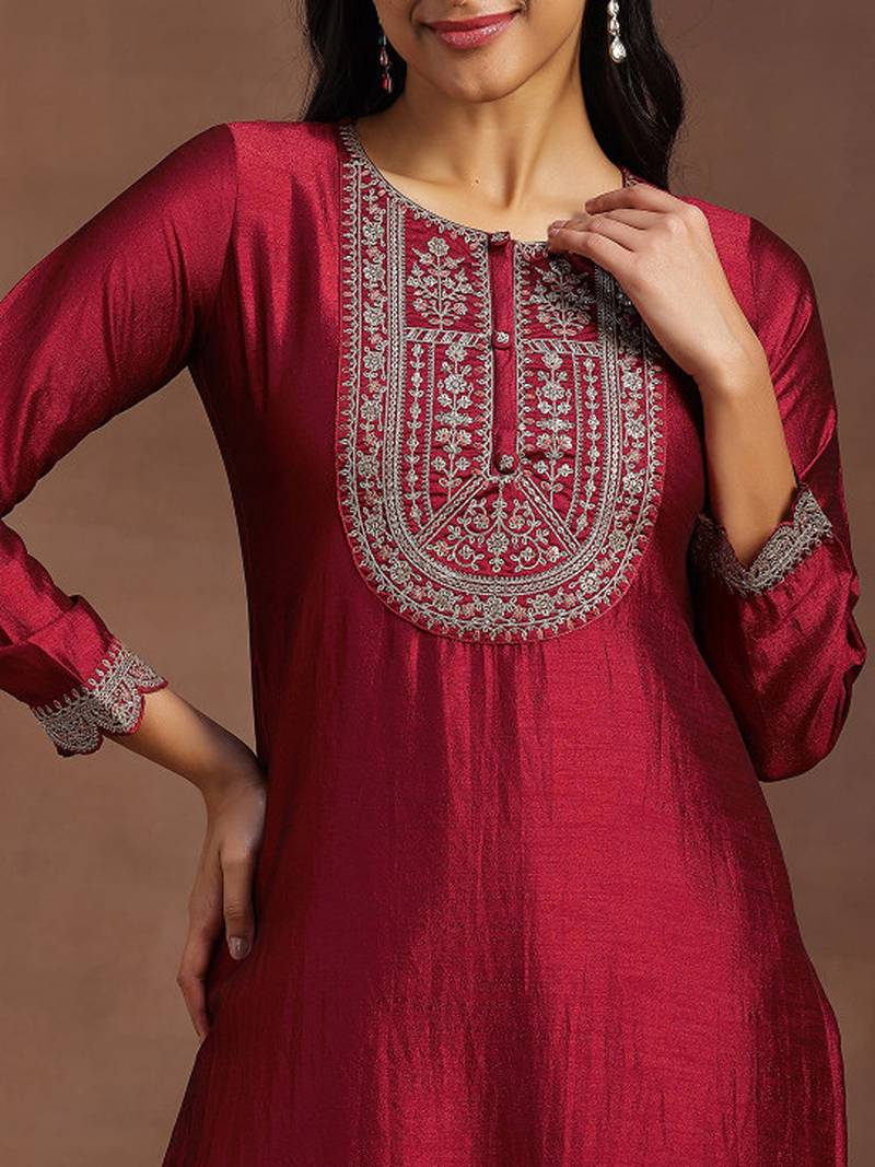 Maroon yoke design embellished kurta