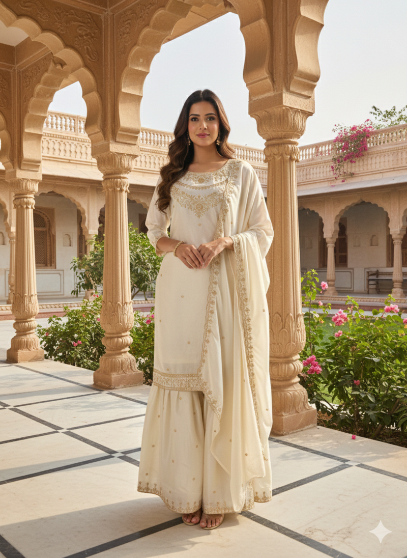 Cream color fendy satin silk heavy embroidery work sharara suit