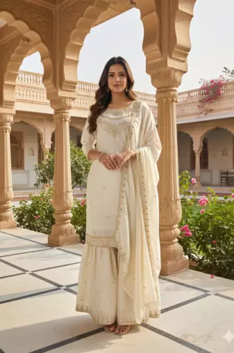 Cream color fendy satin silk heavy embroidery work sharara suit