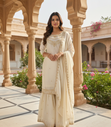 Cream color fendy satin silk heavy embroidery work sharara suit