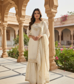 Cream color fendy satin silk heavy embroidery work sharara suit