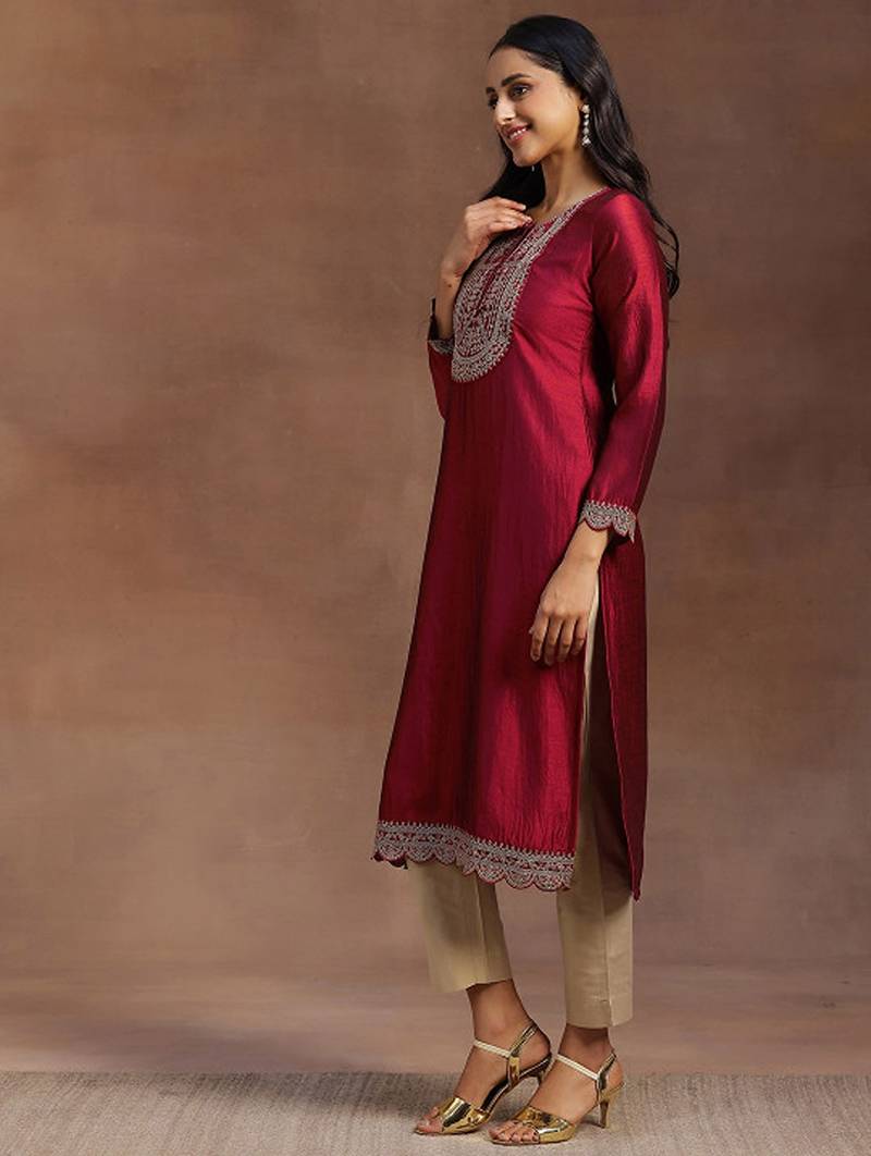 Maroon yoke design embellished kurta