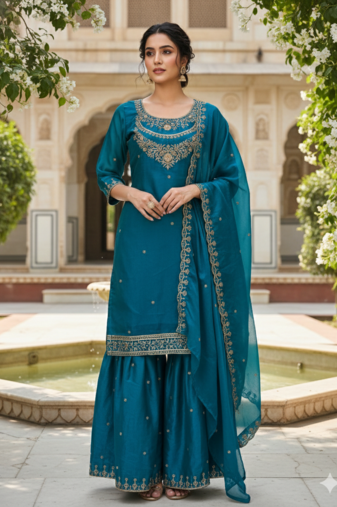 Teal color fendy satin silk heavy embroidery work sharara suit