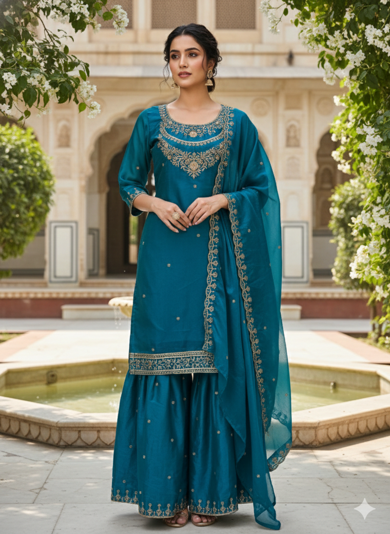 Teal color fendy satin silk heavy embroidery work sharara suit