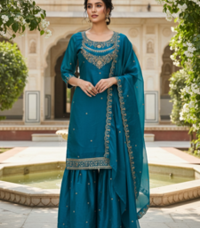 Teal color fendy satin silk heavy embroidery work sharara suit