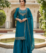 Teal color fendy satin silk heavy embroidery work sharara suit