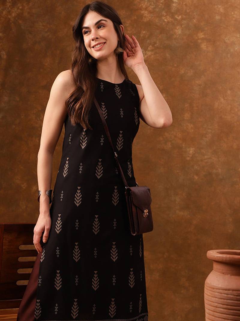 Black ethnic motifs printed sleeveless straight kurta