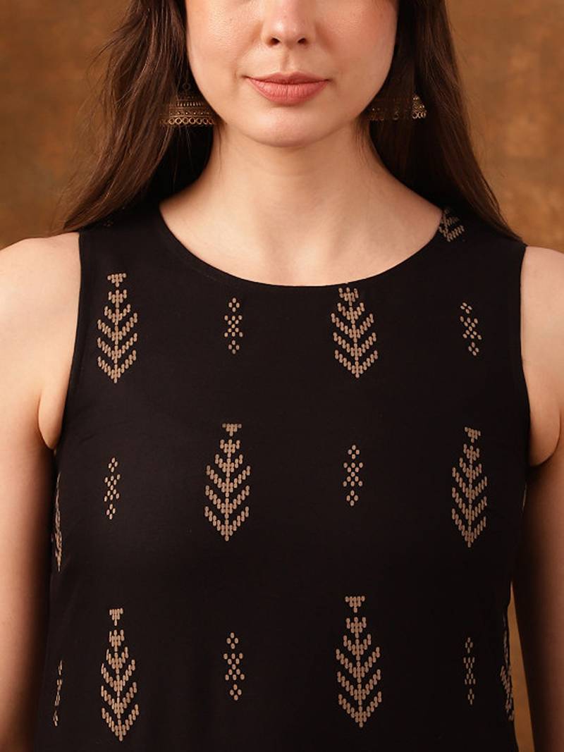 Black ethnic motifs printed sleeveless straight kurta